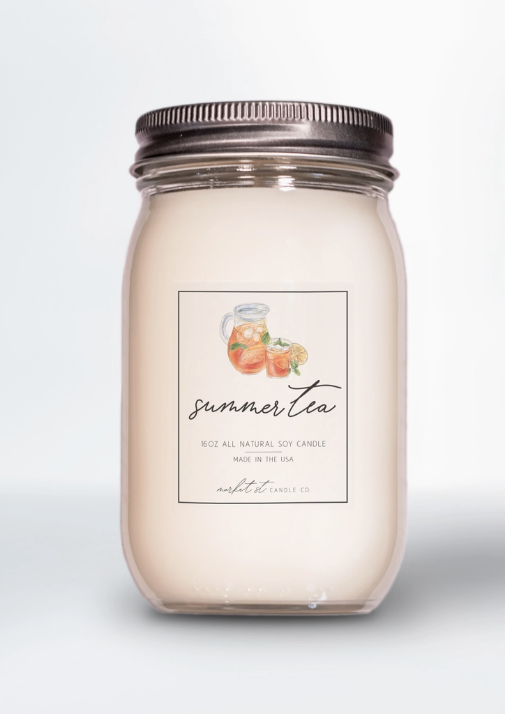 Summer Tea Classic soy candle in reusable glass Ball jar with silver lid and illustrated iced tea label.