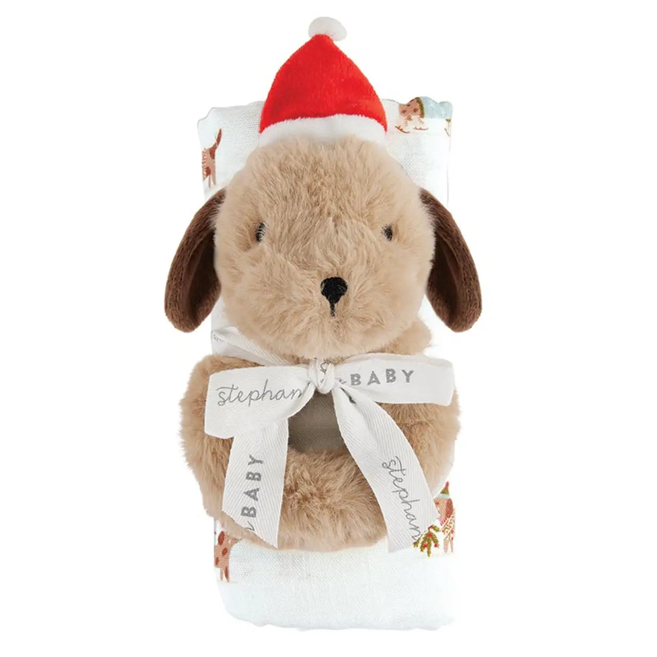 Plush dog toy with a Santa hat and baby blanket on a white background