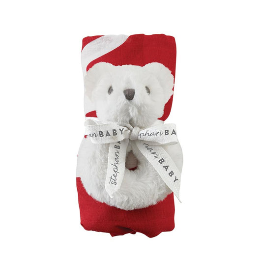 White teddy bear with a red blanket and 'Stephan Baby' ribbon on a white background