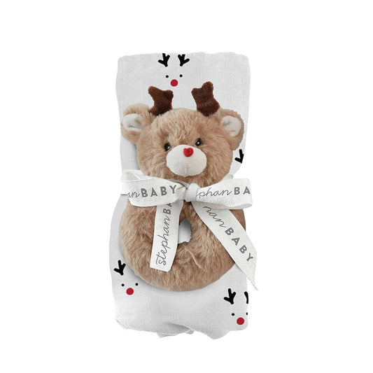 Swaddle Blanket Gift wrapped with a ribbon and a plush reindeer is attached