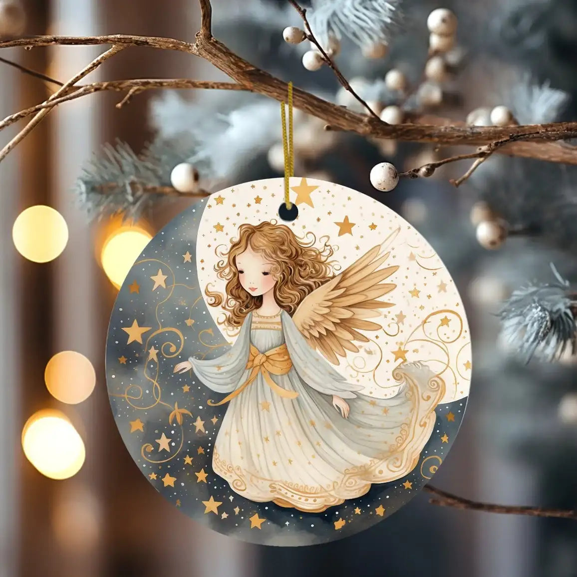 Sweet Angel Gold & Gray Ceramic Disc Ornament