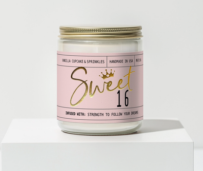 Candle with 'Sweet 16' label on a white background