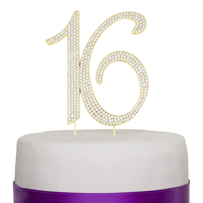 Sweet Sixteen 16 Gold Crystal Cake Topper