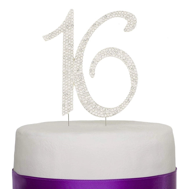 Sweet Sixteen 16 Silver Crystal Cake Topper