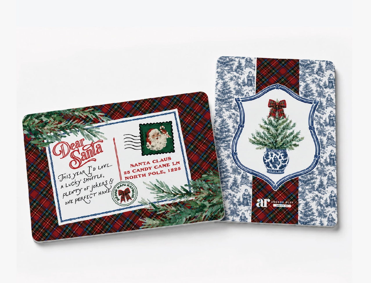 Tartan Toile Christmas Mahjong tile shufflers by Anders Ruff featuring red tartan plaid, blue and white toile, Dear Santa postcard and Christmas tree designs.