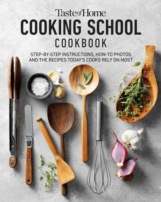 Cooking school cookbook cover with kitchen utensils and ingredients on a gray background