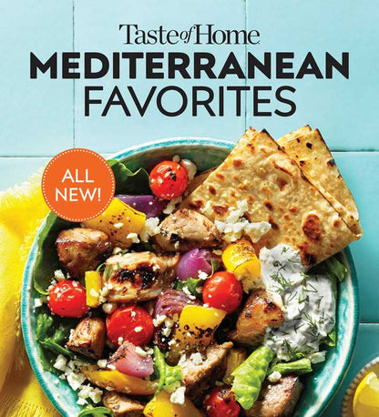 Book cover of 'Taste of Home Mediterranean Favorites' with a bowl of salad and pita bread.