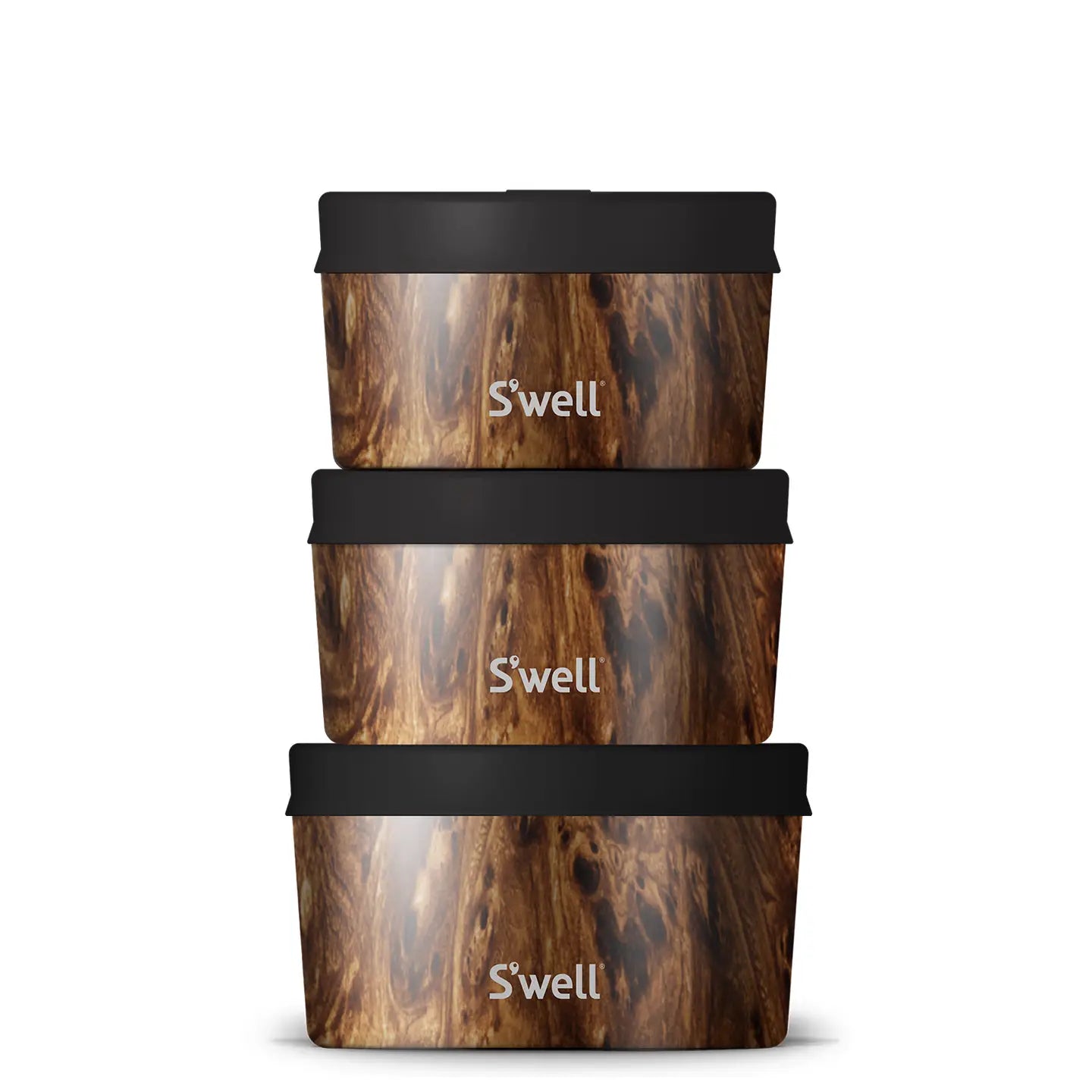Three wooden-patterned 'Swell' containers with black bands on a white background