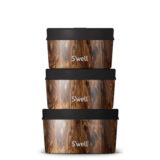 Three wooden-patterned 'Swell' containers with black bands on a white background