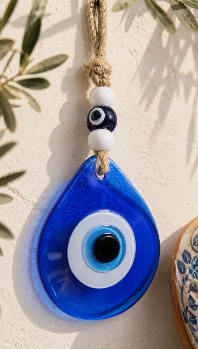 Cobalt blue teardrop evil eye glass wall hanging with decorative beads and jute rope displayed with Mediterranean-style olive branches.
