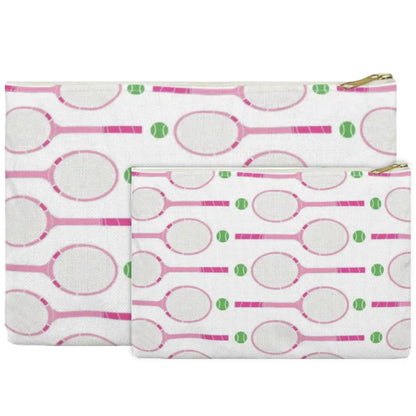 Two zippered pouches with a tennis racket and tennis ball pattern in pink and green on a white background, shown against a plain white backdrop.