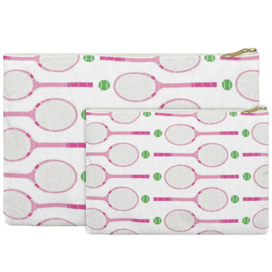 Two zippered pouches with a tennis racket and tennis ball pattern in pink and green on a white background, shown against a plain white backdrop.