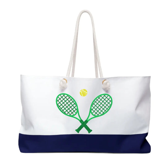 White beach bag with green tennis racket and yellow ball design on a white background