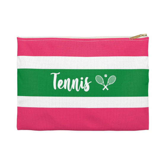 Striped pouch with 'Tennis' text and racket icon on a white background