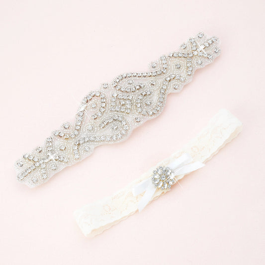 Tess Crystal and Lace Garter Set