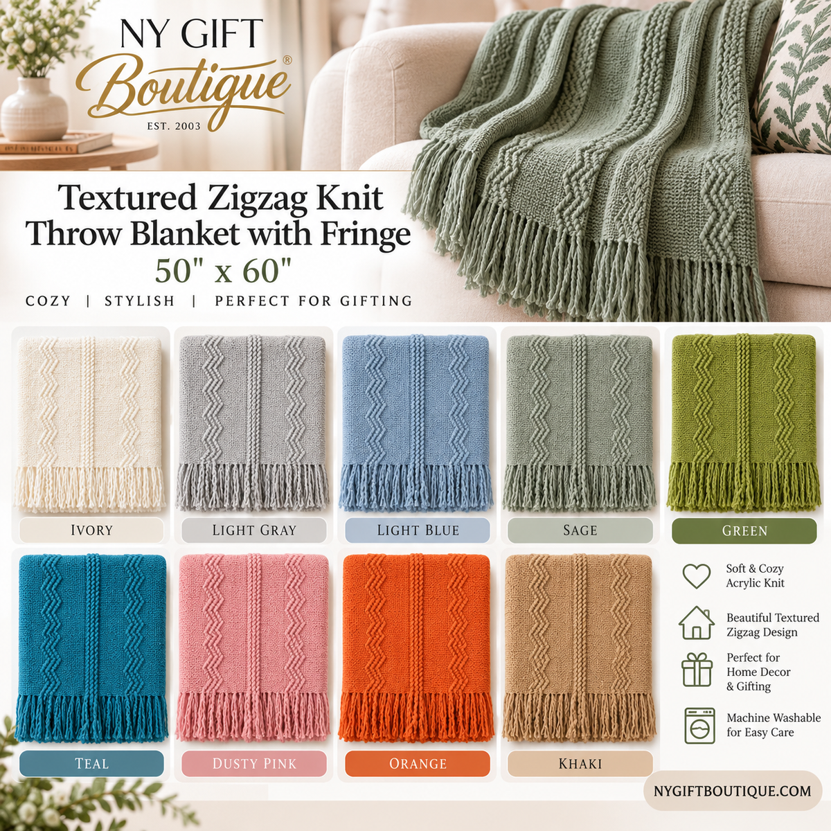 Textured Zigzag Knit Throw Blanket with Fringe – 50" x 60"