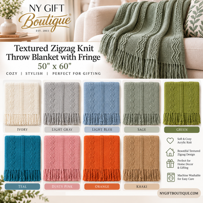 Textured Zigzag Knit Throw Blanket with Fringe – 50" x 60"