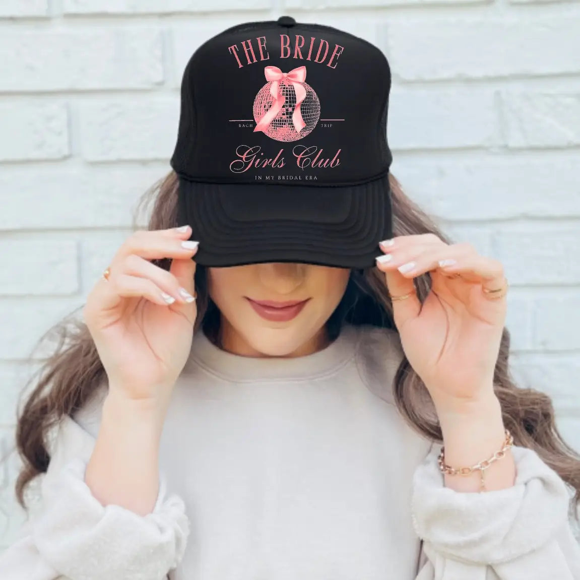 The Bride Girls Club Black Trucker Hat Bachelorette Coquette Bow