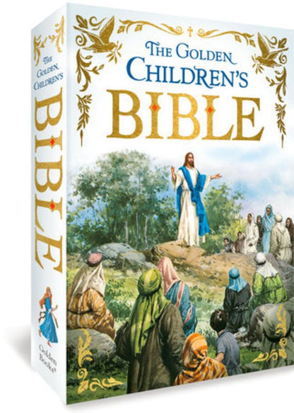 Boxed version of 'The Golden Children's Bible' with a depiction of Jesus teaching children on the cover.