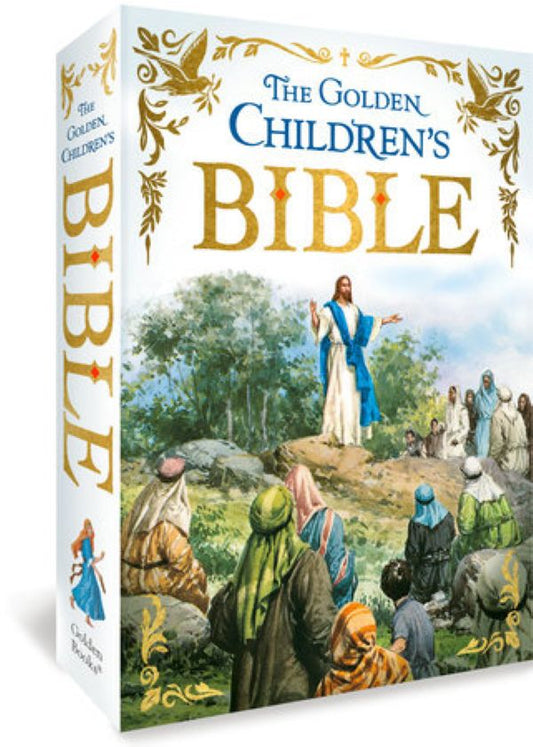Boxed version of 'The Golden Children's Bible' with a depiction of Jesus teaching children on the cover.