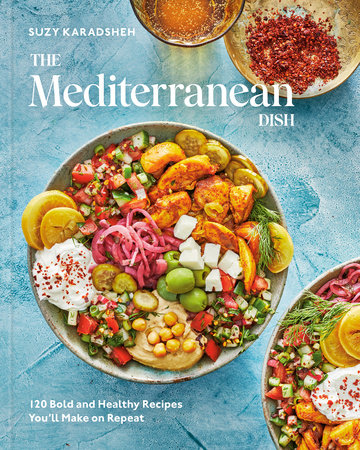 Book cover of 'The Mediterranean Dish' with a colorful dish of food on a blue background.
