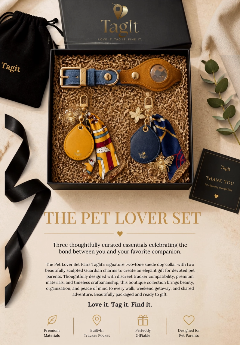 Pet Lover Set gift box with blue and mustard suede dog collar and two coordinating tracker-ready bag charms