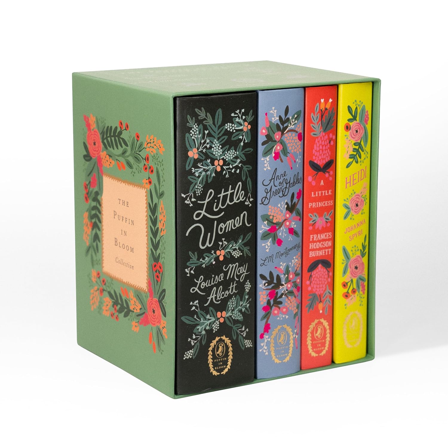 Collection of books titled 'Little Women' and 'A Little Princess' in decorative boxes with floral designs.