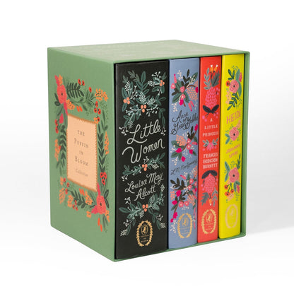 Collection of books titled 'Little Women' and 'A Little Princess' in decorative boxes with floral designs.