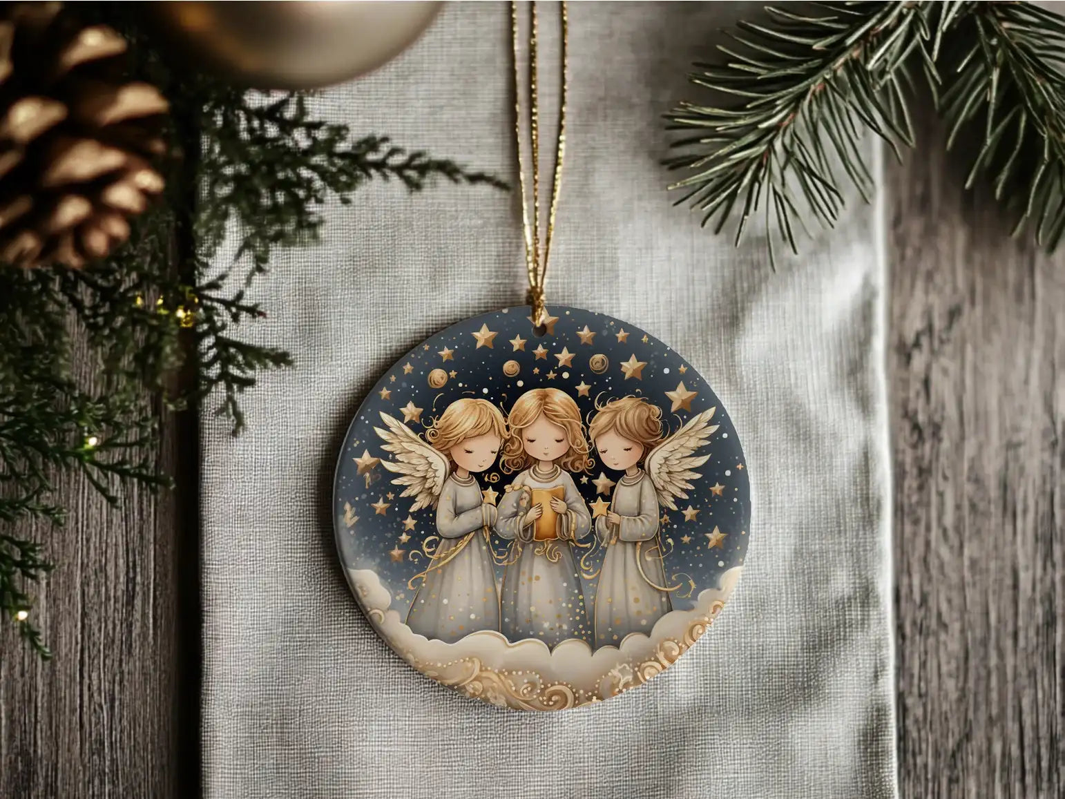 Decorative Christmas ornament with three angelic figures on a starry night background, hanging against a wooden surface with pine branches.