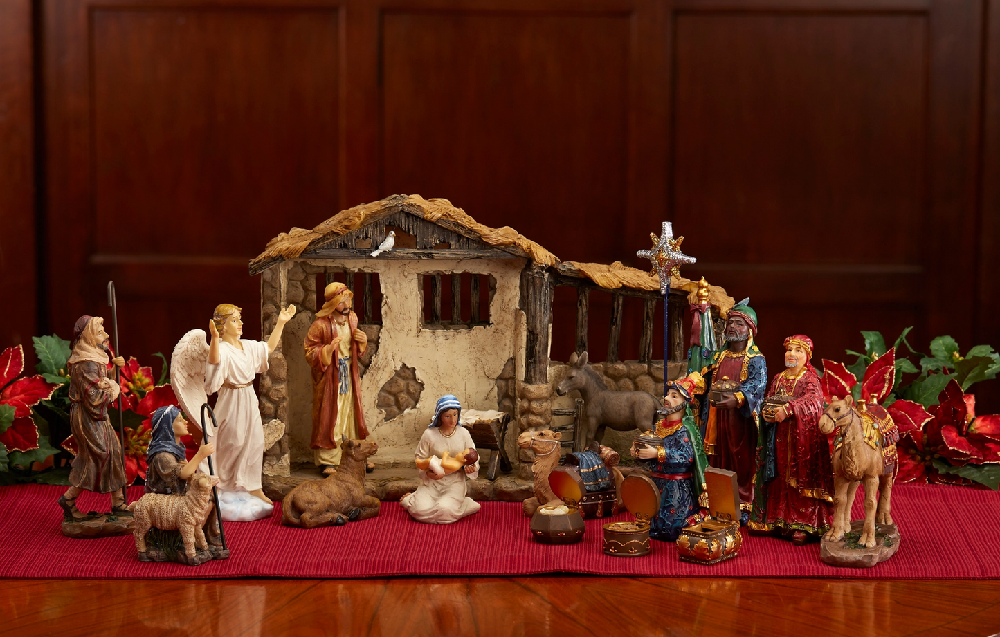 Three Kings Real Life Nativity 16-Piece Set with Lighted Stable – 14"