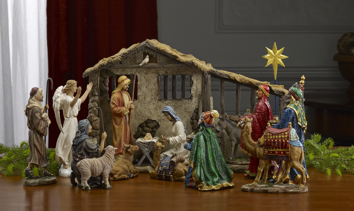 Three Kings Real Life 16-piece Nativity set with Holy Family, Wise Men, shepherds, angel, animals and lighted stable