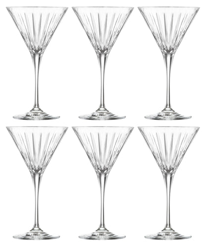 Set of six clear martini glasses with a textured design on a white background