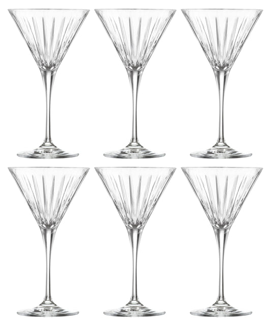 Set of six clear martini glasses with a textured design on a white background