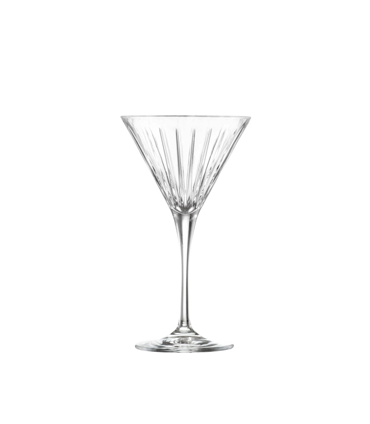Clear martini glass on a white background