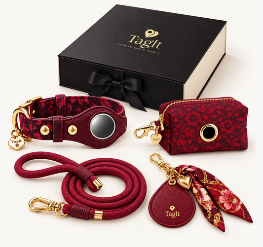 Burgundy Together Everywhere Gift Set with floral AirTag-compatible dog collar, matching rope leash, floral poop-bag holder, heart keychain with scarf, and black gift box.