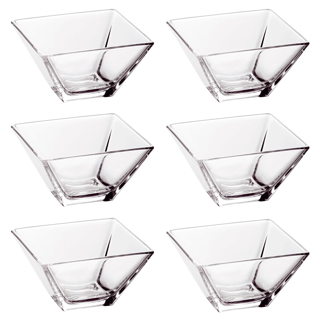 Set of six clear square glass bowls on a white background