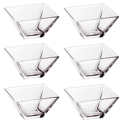 Set of six clear square glass bowls on a white background