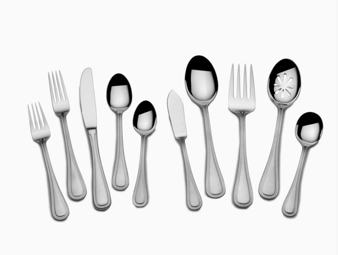 Towle Beaded Antique 18/10 stainless steel flatware featuring classic teardrop handles with delicate beaded borders.