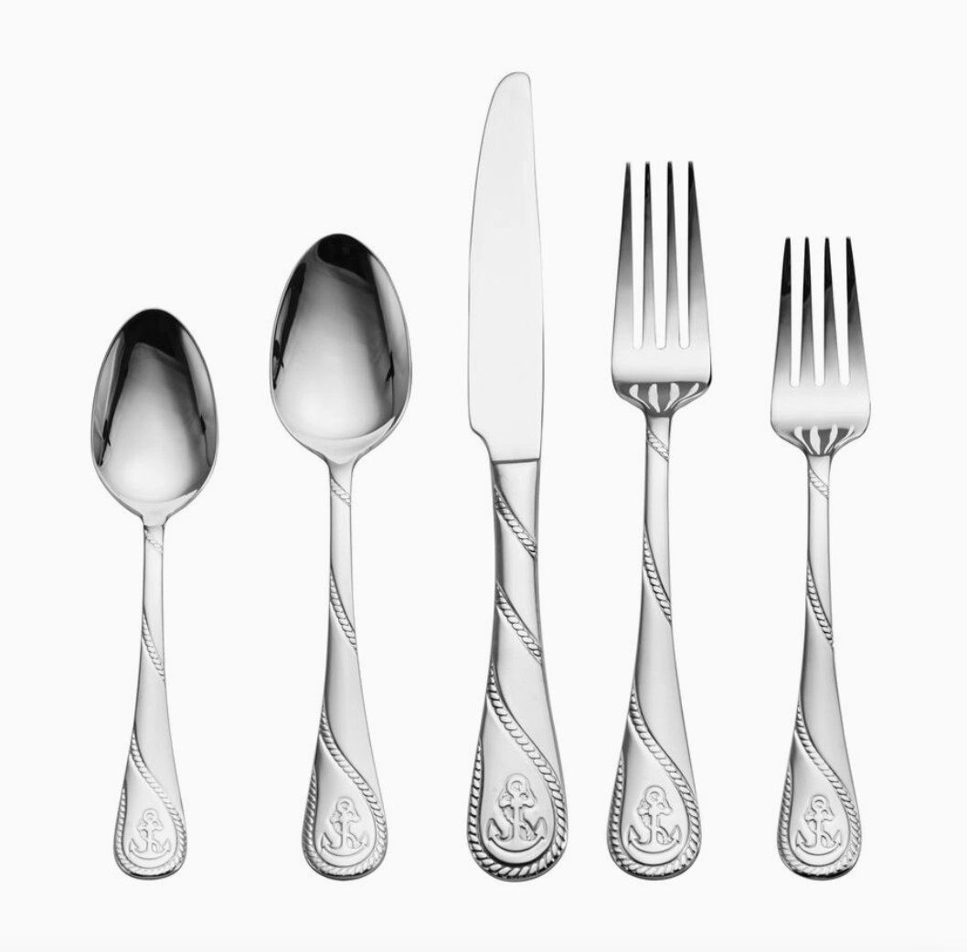 Towle Everyday Anchor 20-piece stainless steel flatware set featuring embossed anchor motifs and twisted rope detailing on the handles.