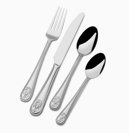 Towle Everyday Lobster stainless steel flatware with embossed lobster motifs and rope detailing on the handles.