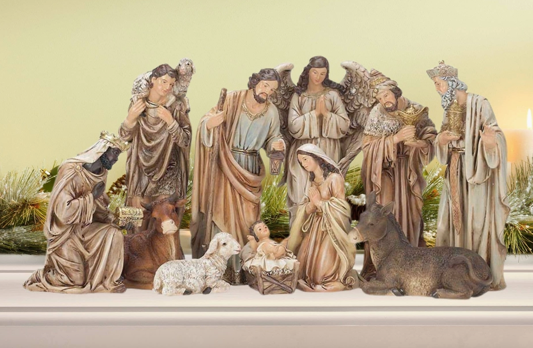 Traditional 11-Piece Nativity Set – 12" Neutral-Tone Resin Figures