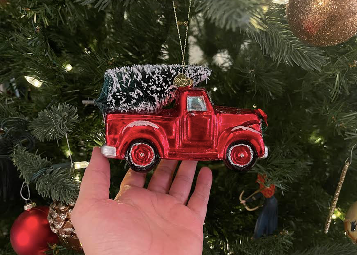 Traditional Glass Red Truck Ornament with Tree