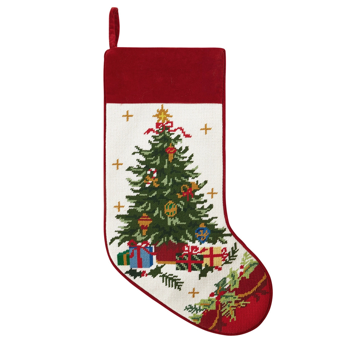 Decorative Christmas stocking with a tree and presents design on a white background