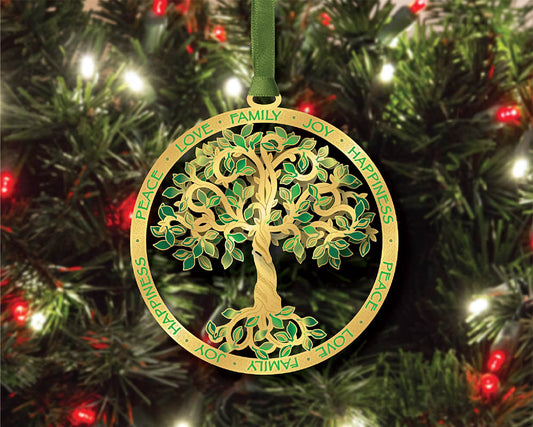 Decorative Christmas ornament with a tree design and text on a Christmas tree.