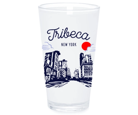 Clear glass with 'Tribeca New York' text and cityscape design on a white background
