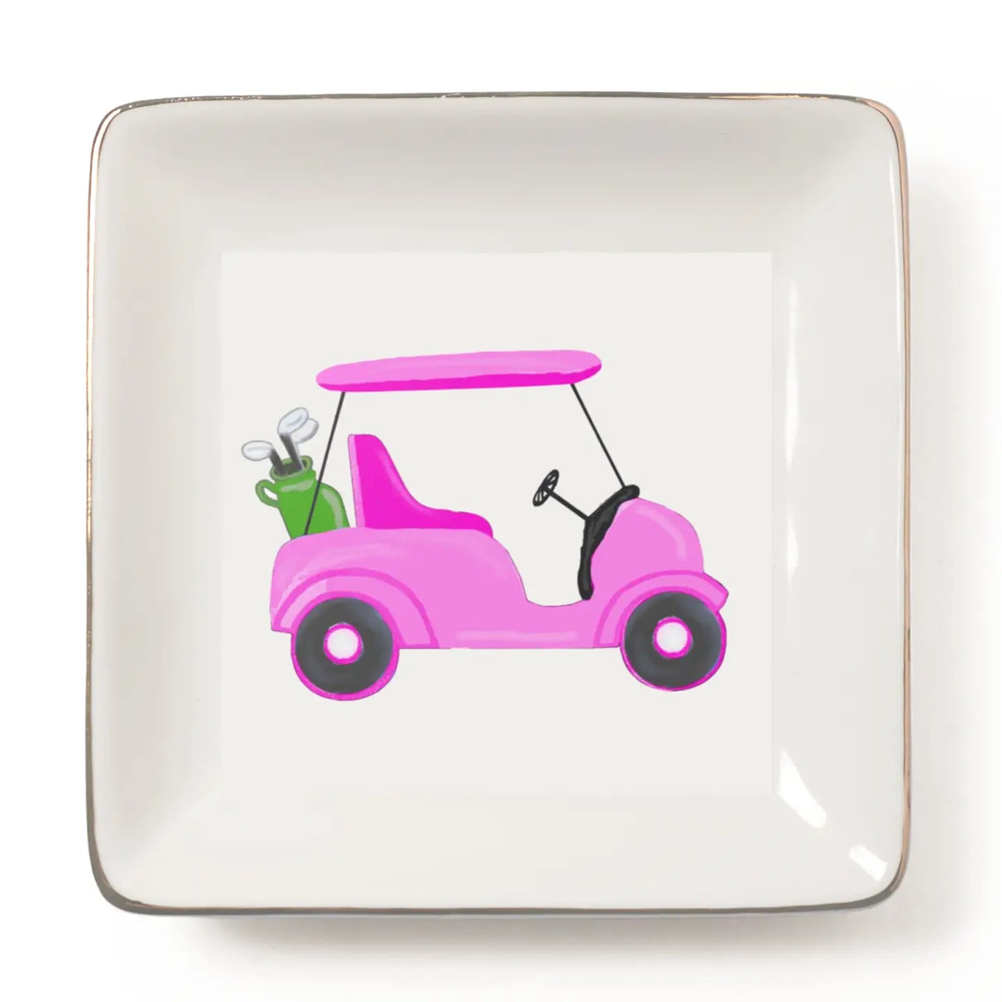 A square white ceramic plate with rounded corners and a thin metallic gold edge, featuring a colorful illustration of a pink golf cart with a green bag of golf clubs on a white background.