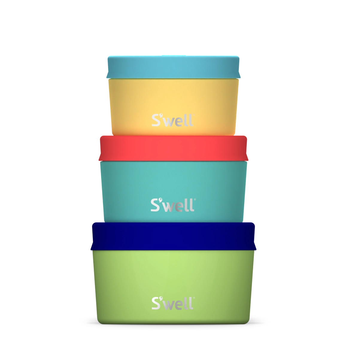 Set of four colorful 'S'well' brand containers stacked on a white background
