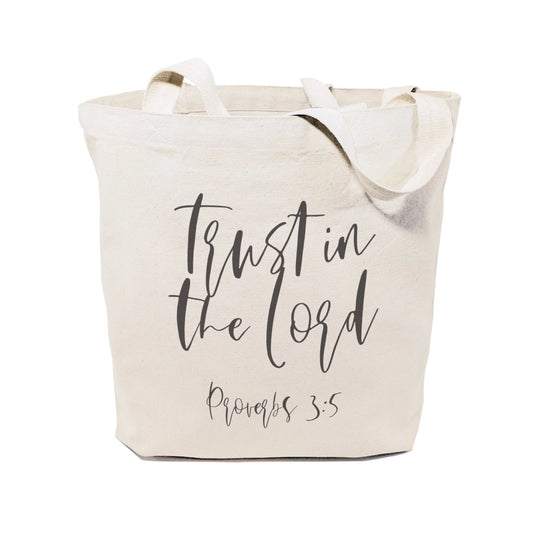 Beige tote bag with 'Trust in the Lord Proverbs 3:5' text on a white background