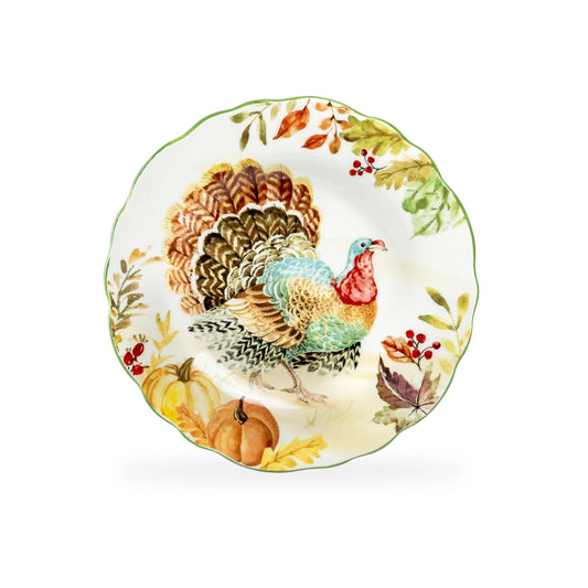 Decorative plate with a turkey and autumn leaves design on a white background