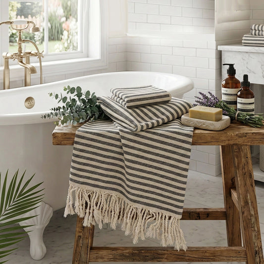 Bathroom scene with a striped towel draped over a wooden stool, bath salts, and a plant.